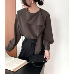 Long-Sleeve Plain Ruffle Blouse