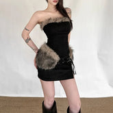 Faux Fur Trim Tube Top / Low waist Mini Pencil Skirt