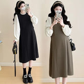 Maternity Mock Two-Piece Long-Sleeve Two Tone Midi A-Line Dress