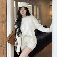 Set: Round Neck Plain Cable Knit Sweater + High Waist Knit Shorts