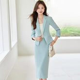 Set: Notch Lapel Plain Single Breasted Blazer + High Waist Midi Pencil Skirt