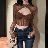 Long-Sleeve Mock Neck Cutout Lace Bustier Top