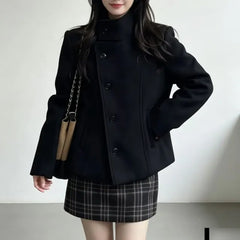 Stand Collar Plain Single-Breasted Jacket / Mid Rise Plaid Mini Pencil Skirt / Set