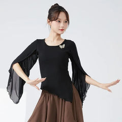Long-Sleeve Round Neck Plain Ruffle Dance Top