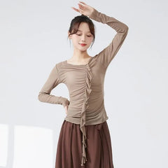 Long-Sleeve V-Neck Plain Ruffle Trim Dance Top