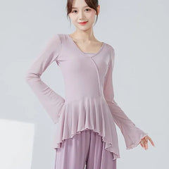 Long-Sleeve V-Neck Plain Ruffle Trim Dance Top