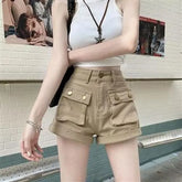 High Waist Pocket Detail Roll Up Hem Denim Hot Pants
