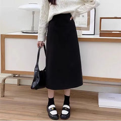 High Waist Plain Slit Midi H-Line Skirt