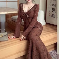 Long-Sleeve V-Neck Lace Maxi Bodycon Dress