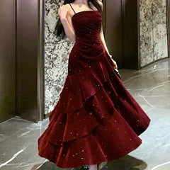 Spaghetti Strap Plain Glitter Tiered Velvet A-Line Evening Dress