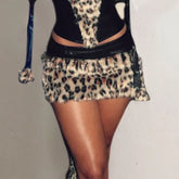 Low Rise Leopard Patterned Panel Fluffy Mini Pencil Skirt