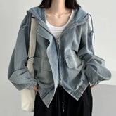 Hooded Drop Shoulder Washed Denim Zip Jacket