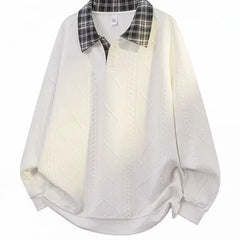 Drop Shoulder Plaid Panel Polo Sweatshirt