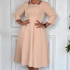 Plus Size 3/4-Sleeve Square-Neck Plain Midi A-Line Dress