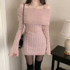 Long Sleeve Off Shoulder Plain Cable Knit Mini Bodycon Dress