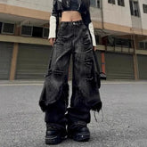 Mock Two-Piece Mid Rise Washed Fringed Distressed Wide Leg Jeans