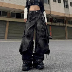 Mock Two-Piece Mid Rise Washed Fringed Distressed Wide Leg Jeans