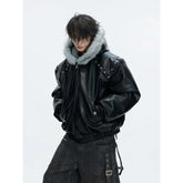 Fluffy Hooded Faux Leather Zip Jacket