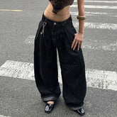 Low Rise Striped Pleated Wide Leg Jeans