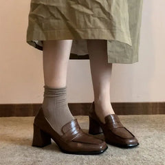 Square Toe Block Heel Loafer Pumps