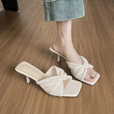 Kitten Heel Woven Knot Slide Sandals