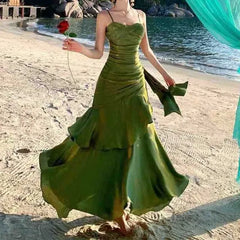 Spaghetti Strap Satin Ruffled Mermaid Evening Gown