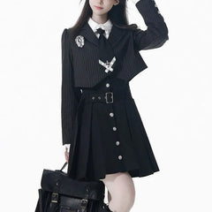 Notch Lapel Striped Button-Up Crop Blazer / Long-Sleeve Collared Plain Lace Trim Blouse / High Waist Pleated Mini A-Line Jumper Skirt / Badge / Necktie / Set