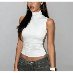 Mock Neck Plain Open-Back Slim-Fit Crop Tank Top