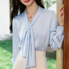 Long Sleeve V-Neck Plain Satin Blouse / High Waist Plain Midi Pencil Skirt / Pleated Midi A-Line Skirt