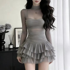 Long-Sleeve High Neck Argyle Print Paneled Mini A-Line Layered Dress