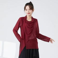 Long-Sleeve Round Neck Plain Side-Slit Asymmetrical Dance Top