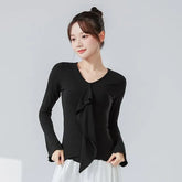 Long-Sleeve V-Neck Plain Ruffle Asymmetrical Dance Top