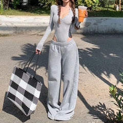 Long Sleeve Henley Neck Plain Bodysuit Top / Elastic Waist Plain Wide Leg Sweatpants