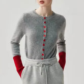 Crew Neck Contrast Cuff Button-Up Cardigan