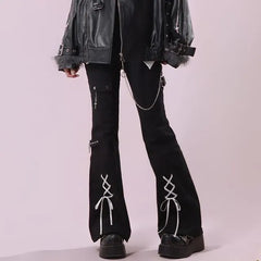 Mid Rise Buckled Lace-Up Flared Pants