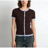 Short Sleeve Color-Block Ruffled-Trim Button-Up Slim-Fit Knit Top