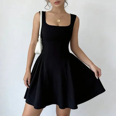 Sleeveless Square Neck Plain A-Line Dress