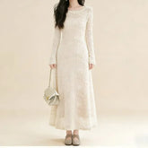 Long-Sleeve Round Neck Plain Lace Maxi A-Line Dress