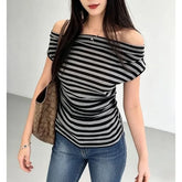 Short Sleeve Off Shoulder Striped Slim-Fit T-Shirt