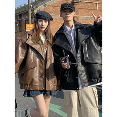 Couple Matching Collared Plain Panel Faux Leather Button Jacket