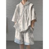 Set: 3/4-Sleeve Tie Dye Grommet Half-Zip Hoodie + Elastic Waist Wide Leg Sweat Shorts