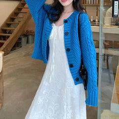 Spaghetti Strap Tie Front Lace Maxi A-Line Dress / Crew Neck Button-Up Plain Cable Knit Cardigan