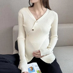Maternity Long-Sleeve V-Neck Plain Ribbed Knit Top