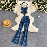 Set: Denim Corset Top + High Waist Bootcut Jeans