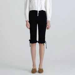 Mid Rise Plain Ruffle Drawstring Skinny Pedal Pusher Pants