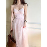 Spaghetti Strap V-Neck Lace Trim Chiffon Panel Long Dress
