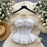 Detachable Strap Plain Rhinestone Peplum Panel Mesh Bustier Top