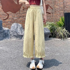 Drawstring Waist Plain Ruffle Cropped Baggy Pants