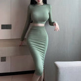 Set: Long-Sleeve Plain Crop Knit Top + High Waist Midi Pencil Skirt