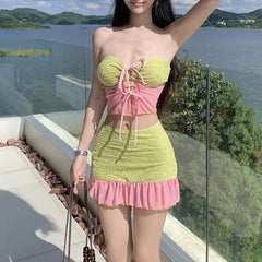Set: Tie Front Panel Mesh Bandeau Bikini Top + Bottom + Ruffle Cover Up Skirt